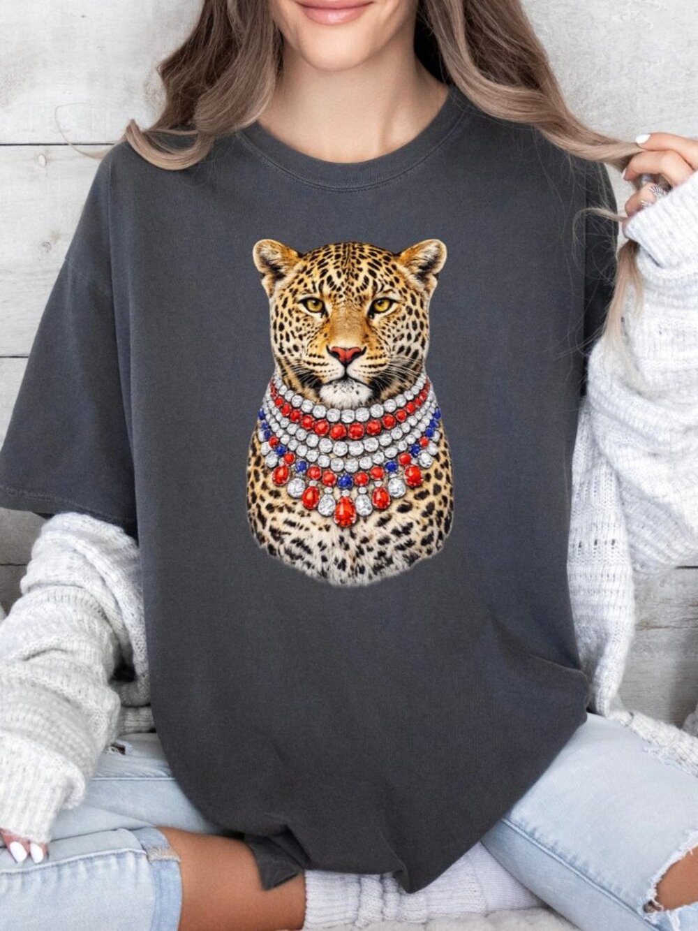 500BRT -NWOT (NEW) Boujee Leopard Redwhiteblue Faux Gems Graphic Tee